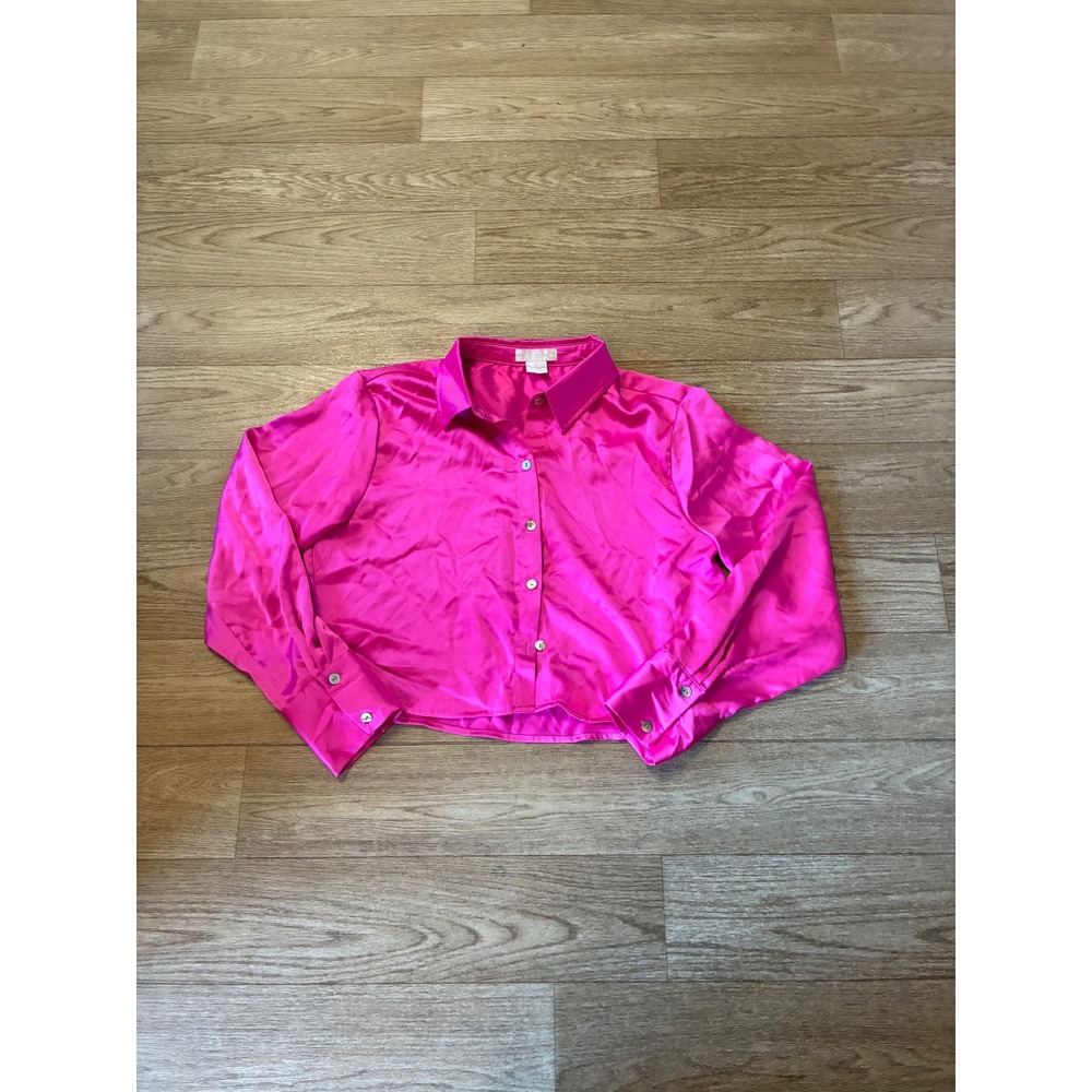 LIT Hot Pink Satin Cropped Button Down Shirt Long Sleeve Blouse XL